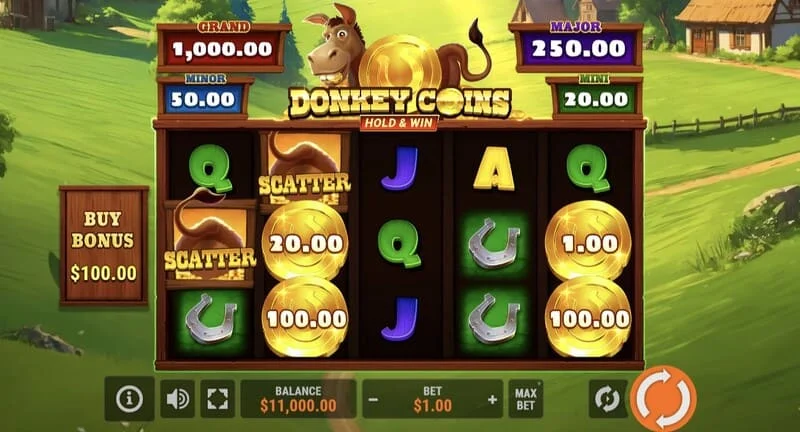 Donkey Coins Hold & Win - écran principal avec les rouleaux